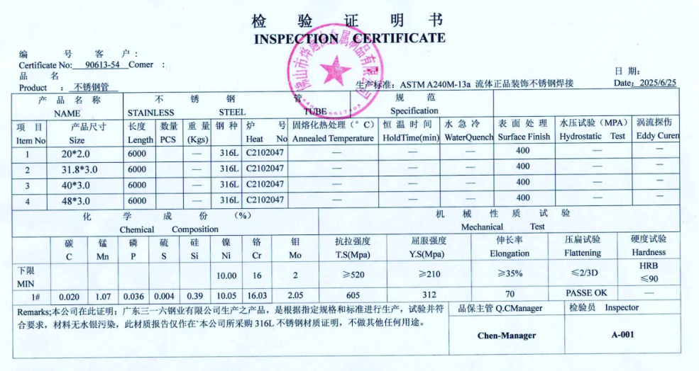 316l不鏽鋼質量證明書
