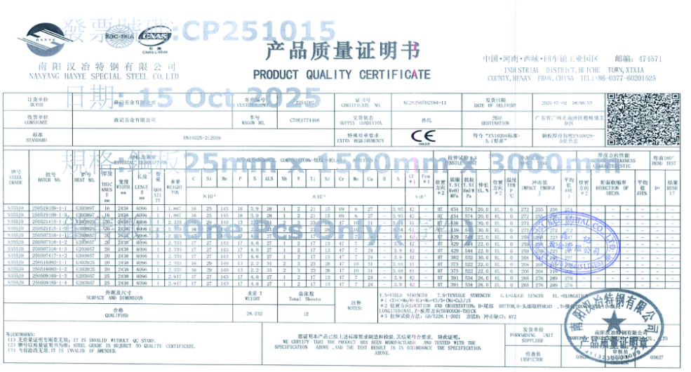 s275黑鐵質量證明書