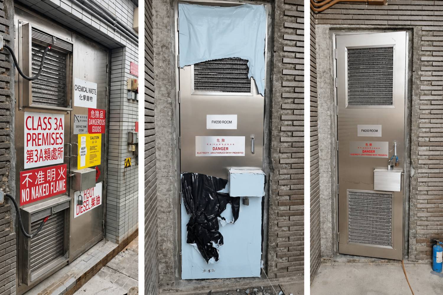香港小磨刀不鏽鋼門工程案例，化學廢料房及FM200房不鏽鋼設備門