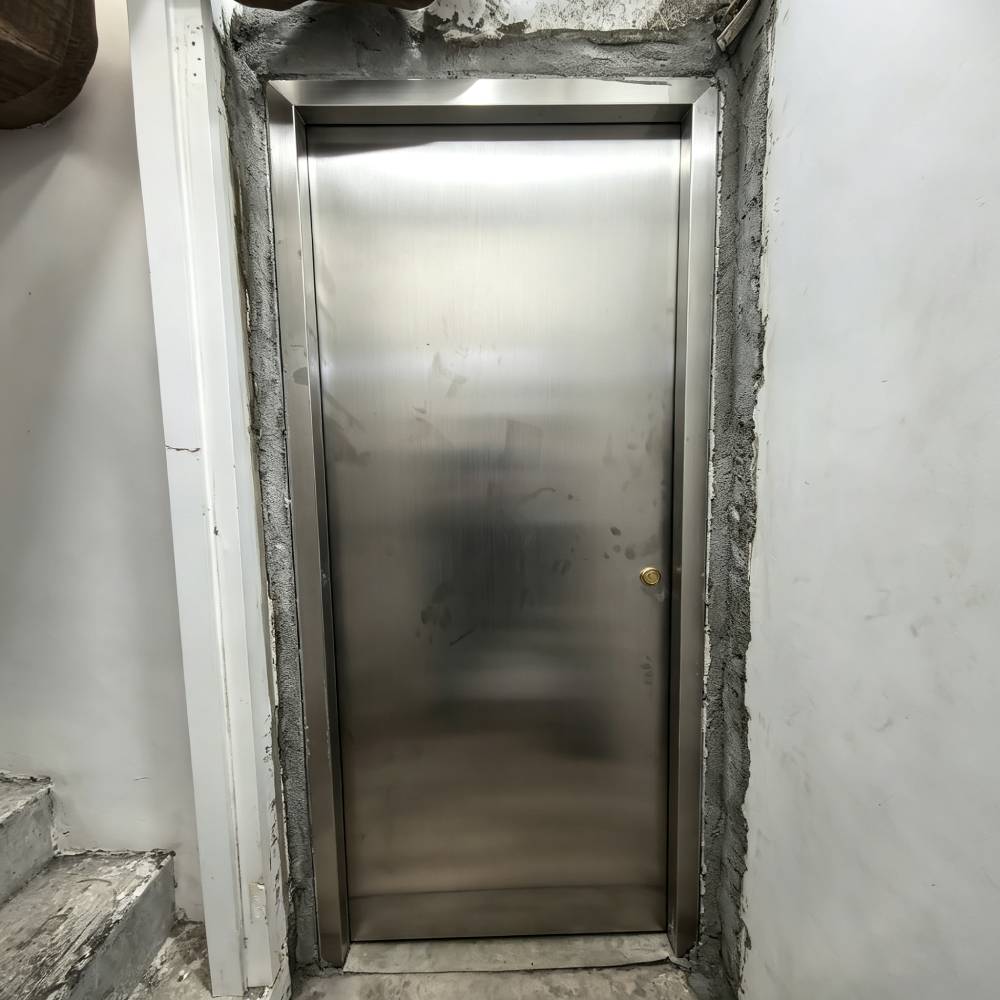 316 不鏽鋼防火門，地庫樓梯間安裝現場，拉絲不鏽鋼門板配銅色鎖具，未完成批盪牆體，香港樓宇防火工程實拍