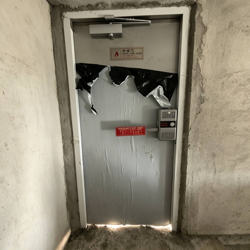 316 不鏽鋼防火門，樓宇後樓梯煙道現場實景，裝設閉門器、緊急出口鎖、防煙門標籤，香港大廈防火工程實例