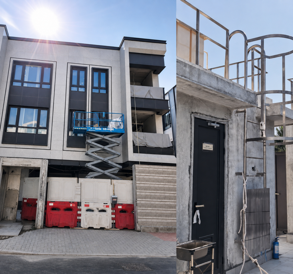 香港別墅門窗及金屬工程施工現場，展示鋁合金窗戶、欄杆及升降平台施工
