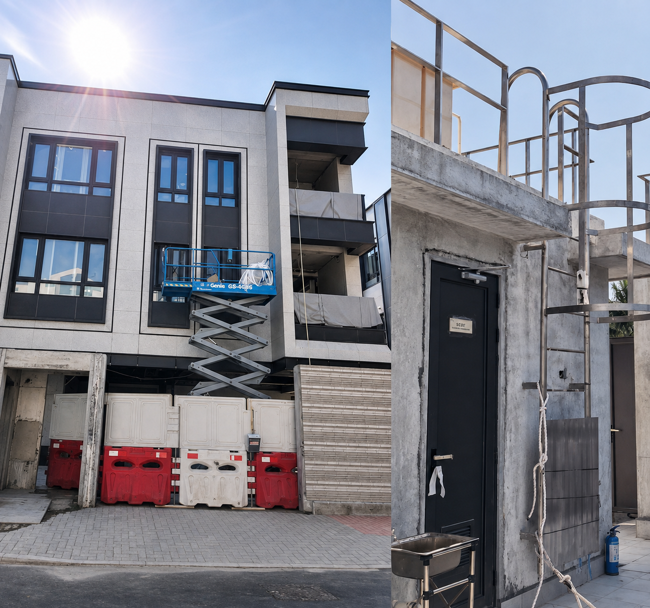 香港別墅門窗及金屬工程施工現場，展示鋁合金窗戶、欄杆及升降平台施工